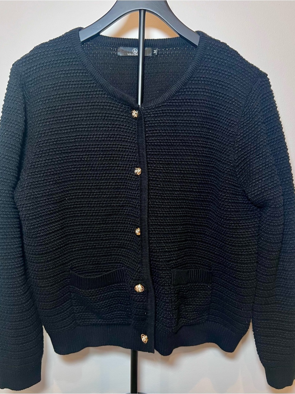 Lillusory Women’s Sweater Black Ribbed Knit Cardigan Gold Buttons M